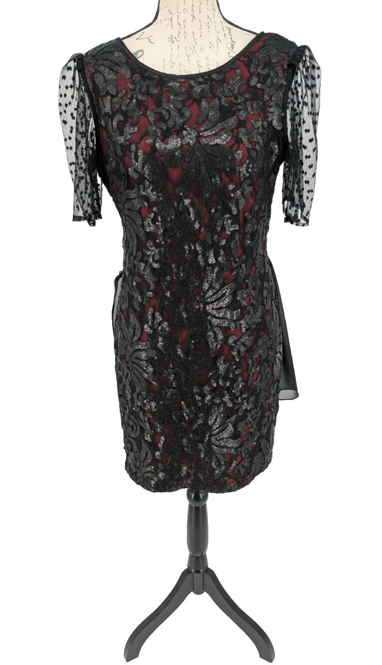 CACH'E Formal Dress Size 12 Black Sequins over Red Lining NWT
